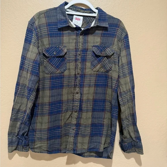 Men’s Cotton Levi's Olive and Navy Plaid Shirt size M - Picture 1 of 5